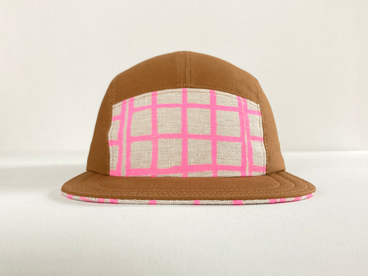 Hand Printed Camp Hat - Windowpane Neon Pink