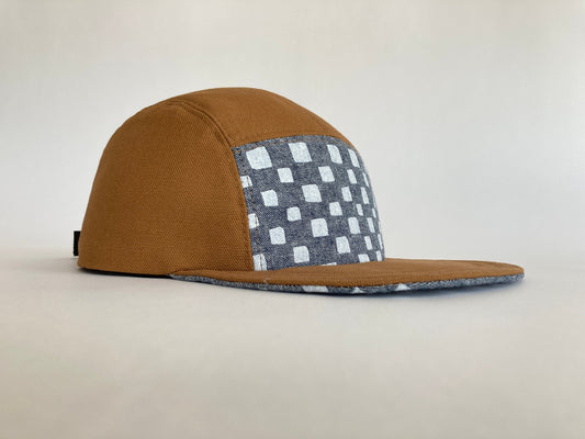 Hand Printed Camp Hat - Indigo Checkerboard